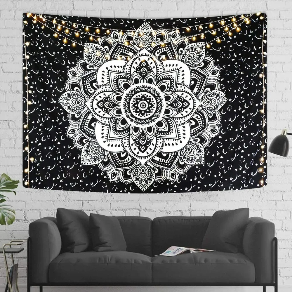 Mandala Tapestry Wall Hanging Black & Gray Wall Art Floral Decorative 51x59 Inch